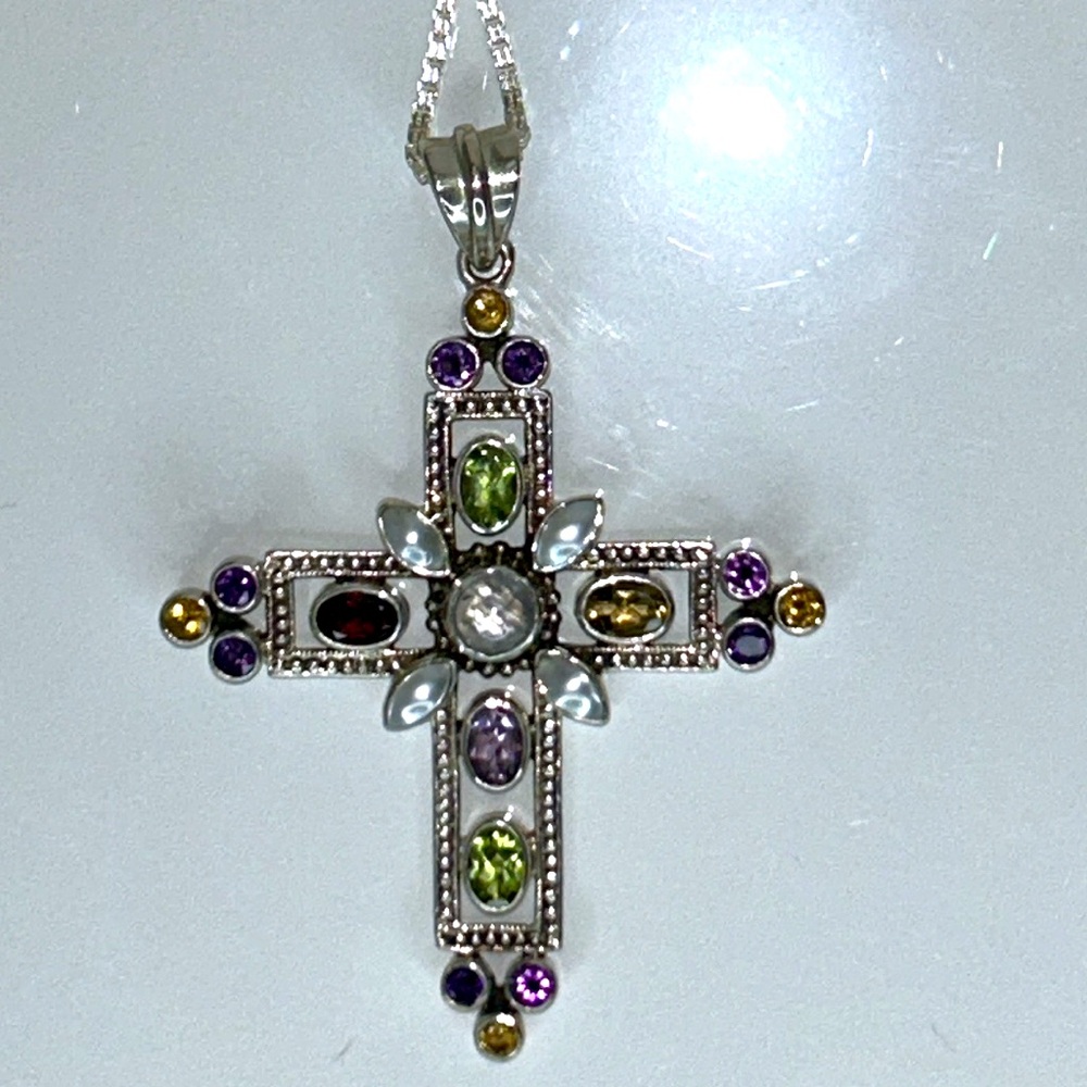 NWOT Nicky Butler Genuine Multi Gemstone Sterling Silver Cross Necklace Boho